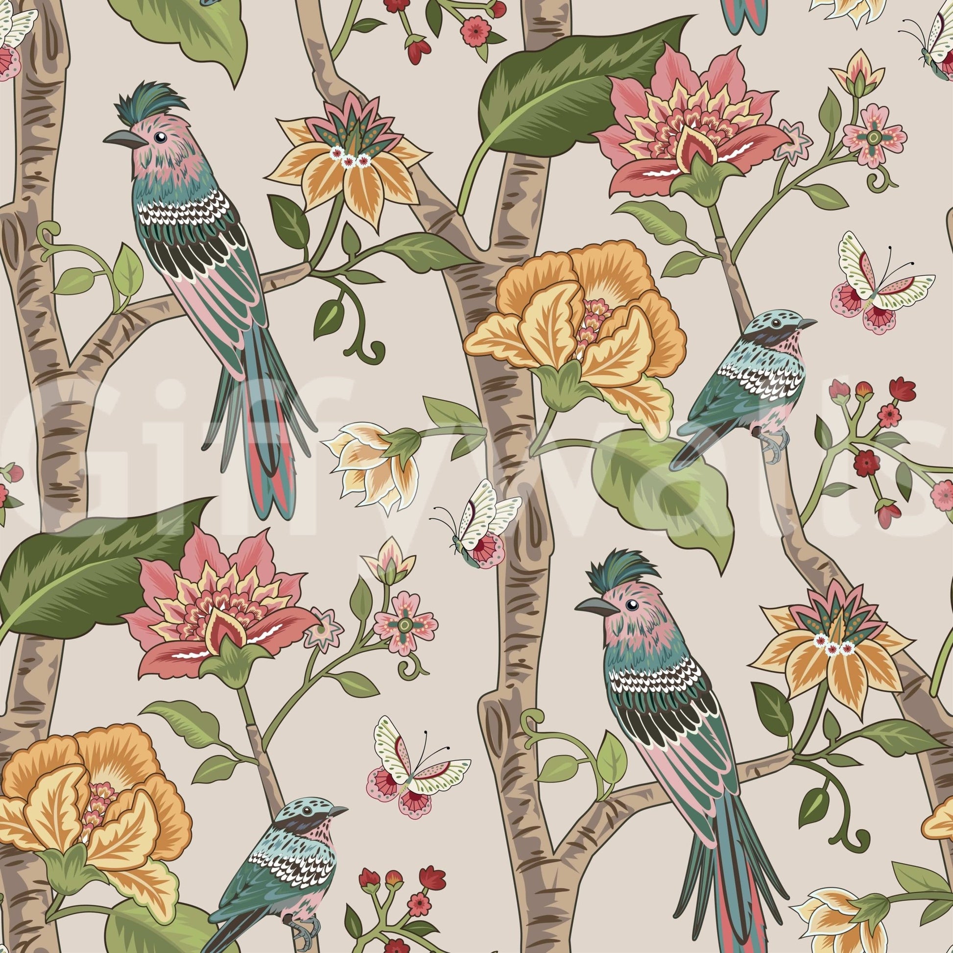 Curious Botanical Birds print, quixotic aviary, verdant tree trunks, wall decor.