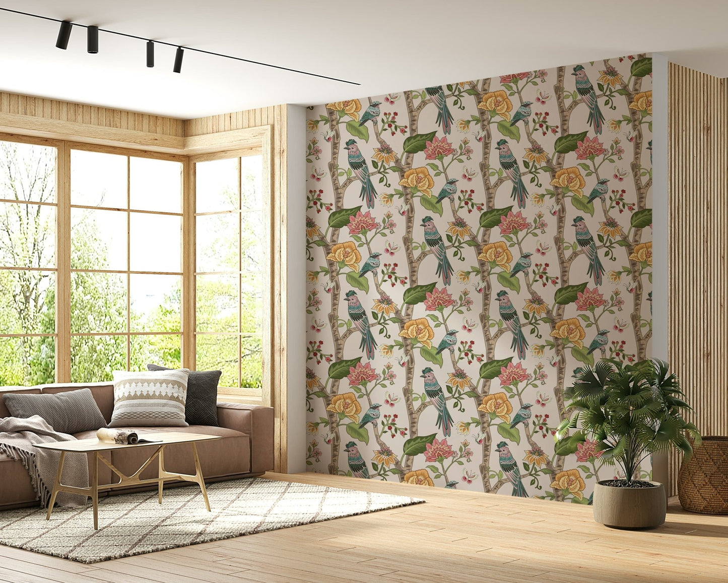 Tropical Botanical Birds wall covering, exquisite fauna, vibrant avians peel & stick.