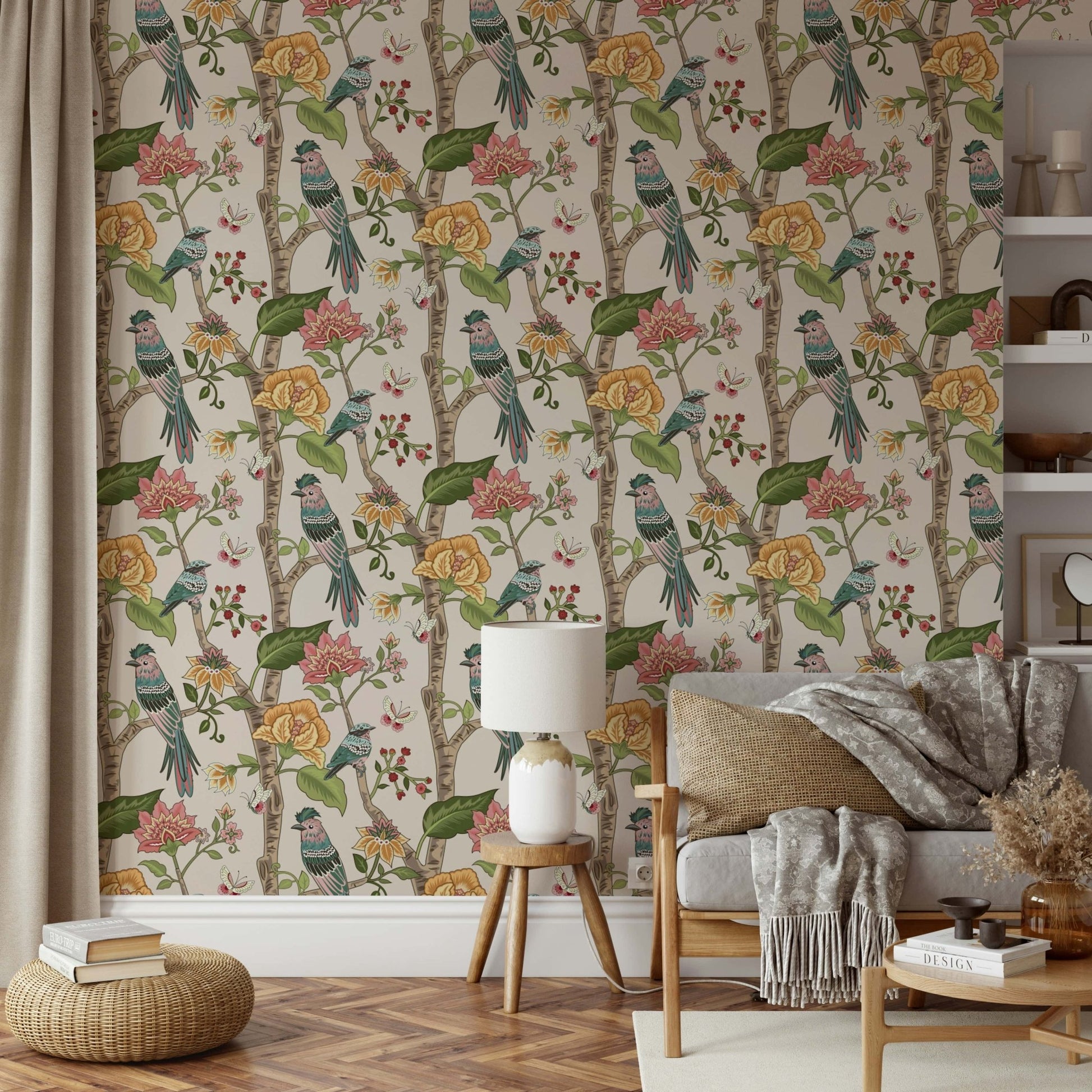 Exotic Botanical Birds mural: Vivid ornithology and quaint blossoms wallcovering.