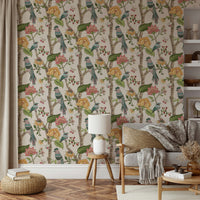 Exotic Botanical Birds mural: Vivid ornithology and quaint blossoms wallcovering.