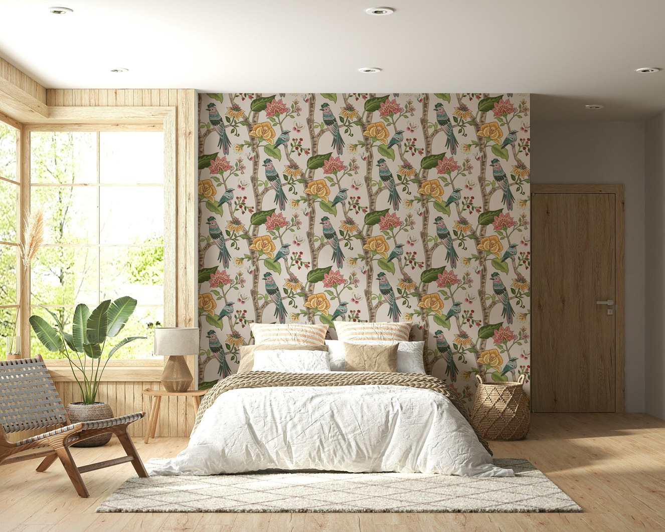 Ethereal Botanical Birds wall decor, fanciful flora, verdant branches wallpaper.