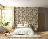 Ethereal Botanical Birds wall decor, fanciful flora, verdant branches wallpaper.