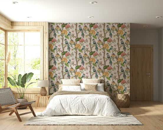 Ethereal Botanical Birds wall decor, fanciful flora, verdant branches wallpaper., GD6622