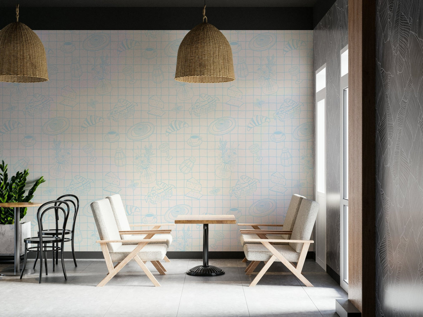 The pattern is arranged in graceful vertical and horizontal lines.

