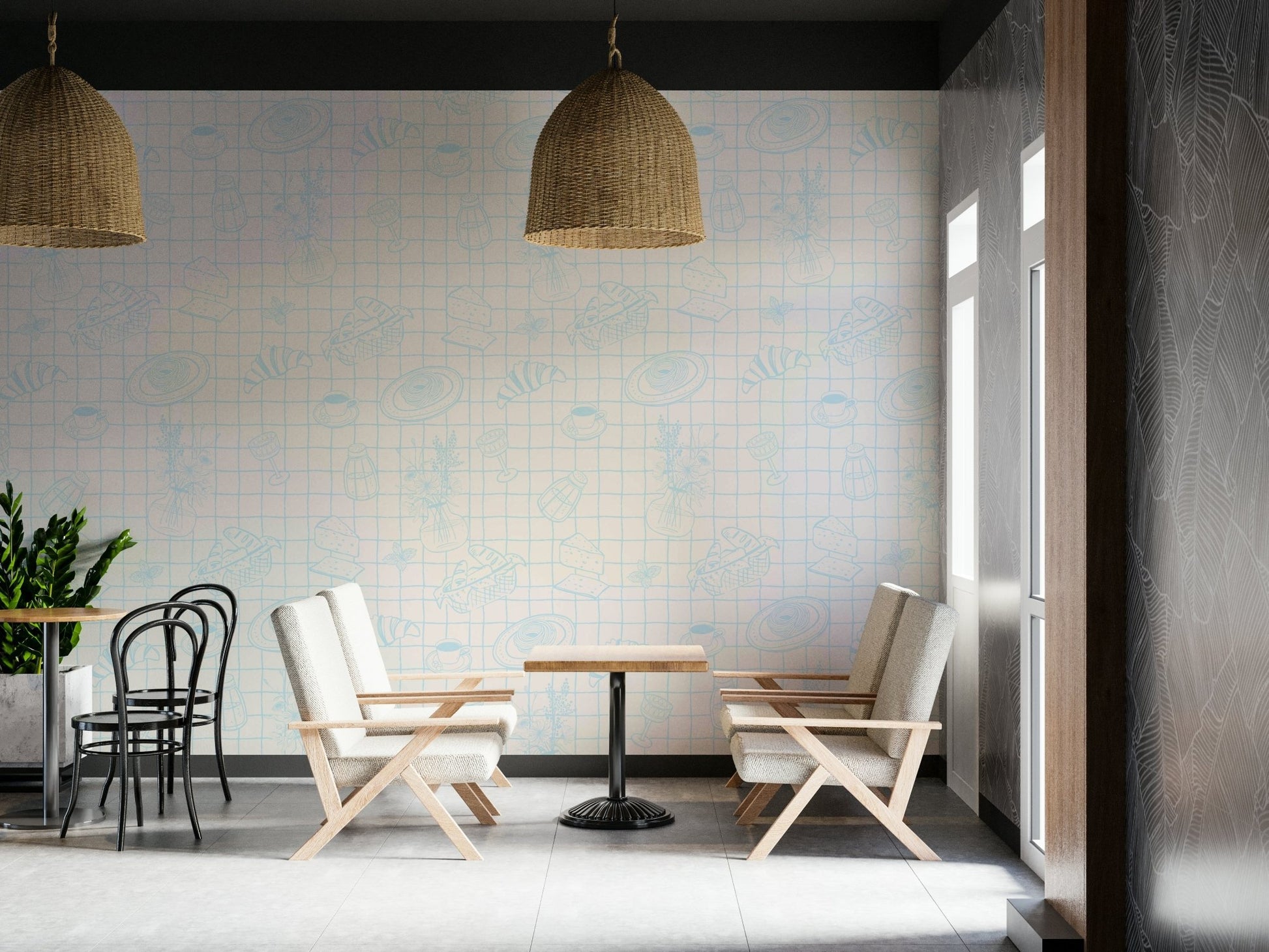 The pattern is arranged in graceful vertical and horizontal lines.

