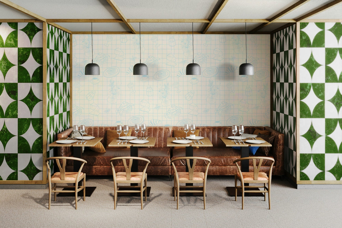 A detailed close-up of a classic wall mural pattern.

