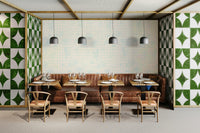 A detailed close-up of a classic wall mural pattern.

