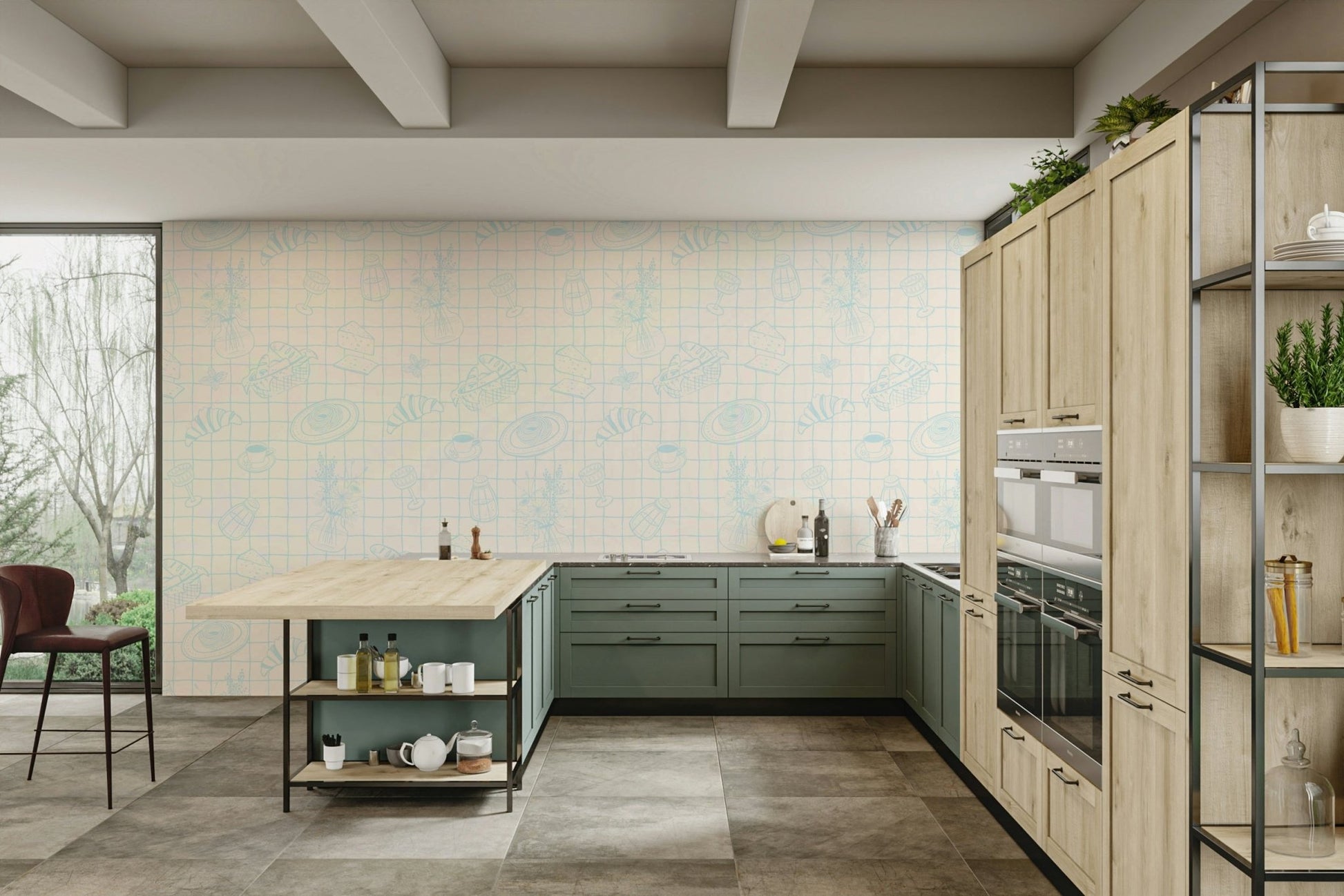 The design features a repeating pattern of elegant grids.

