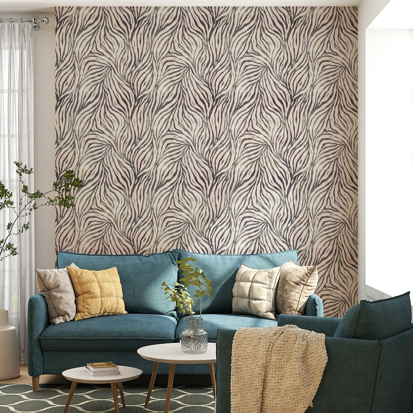 Bedroom accent wall with boho zebra wallpaper

