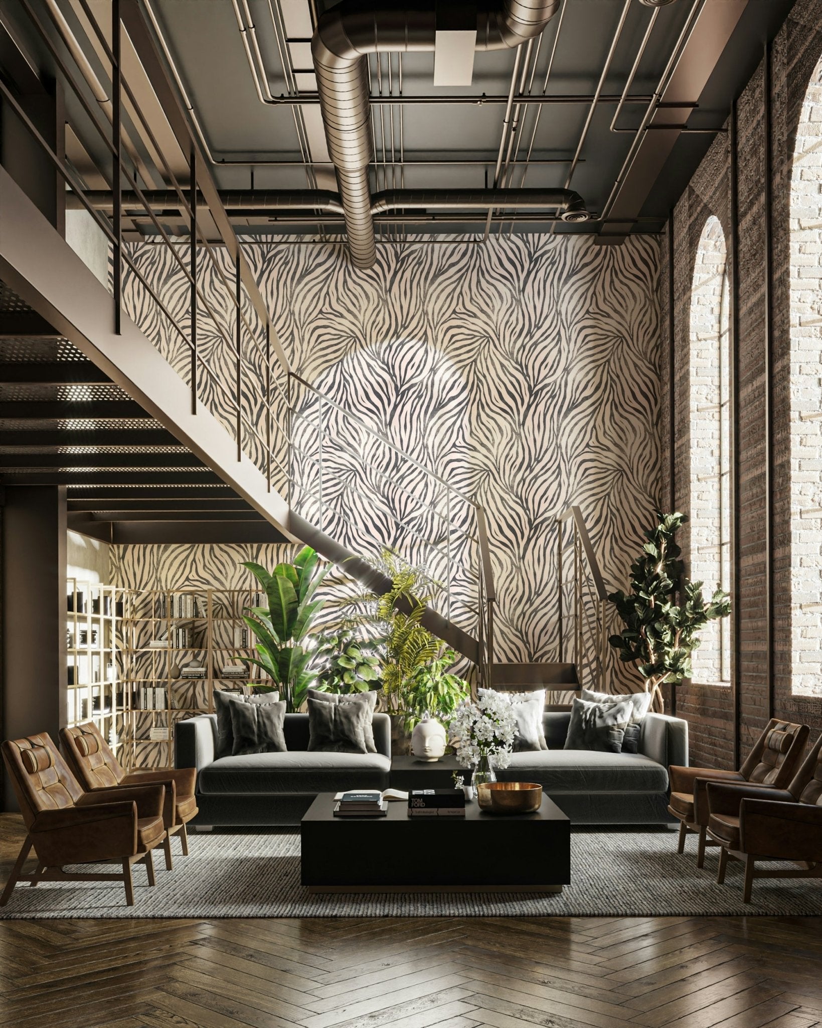 Living room with black and white zebra wall mural

