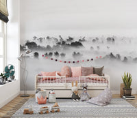 Black and white clouds over forest wallpaper mural.