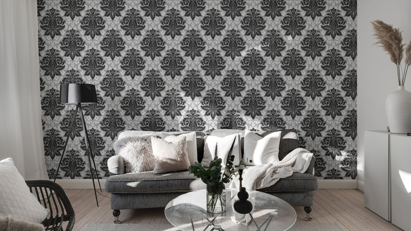 Black and white damask pattern wallpaper mural
