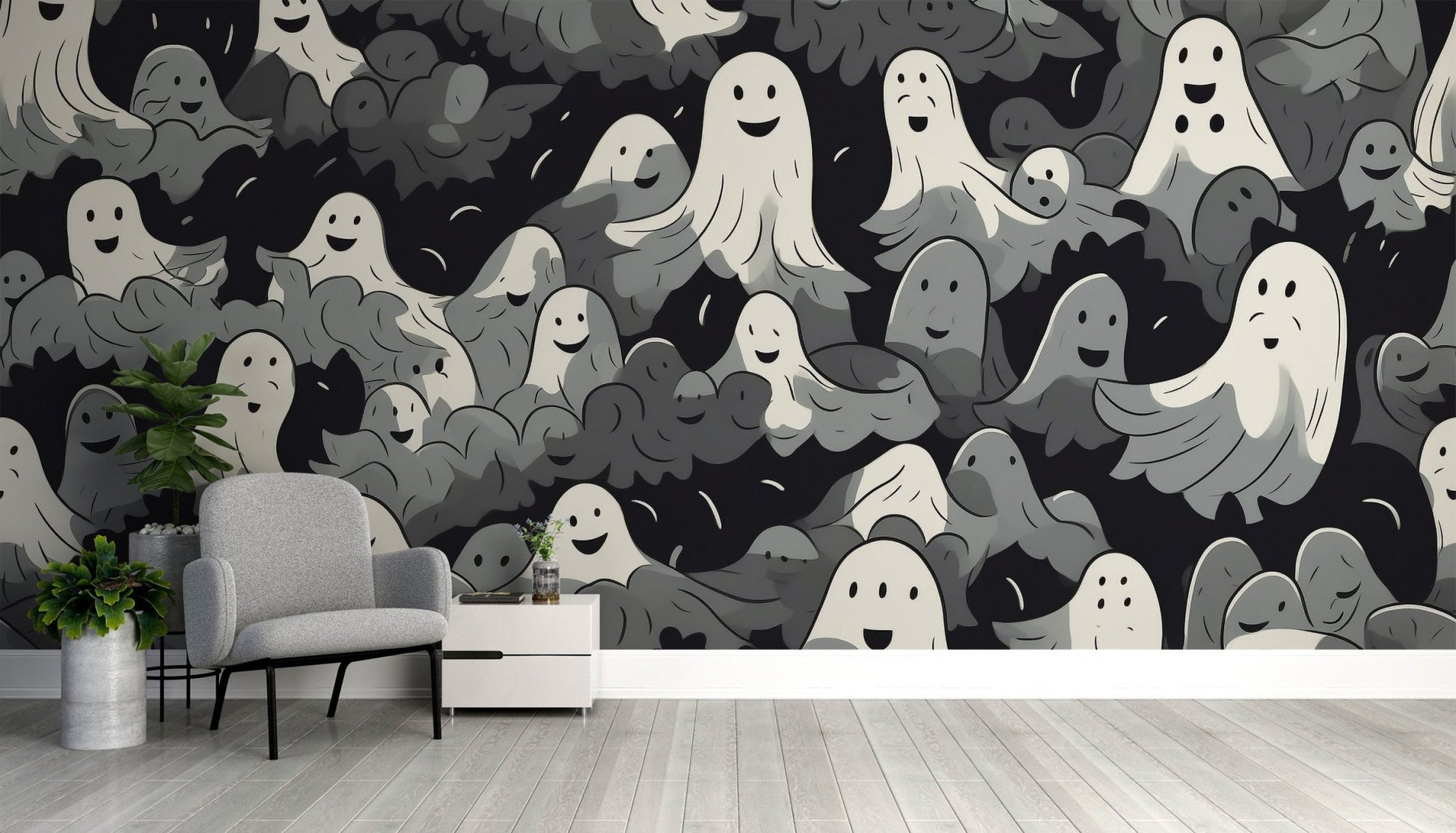 Black and White Ghosts Halloween Wallpaper - Giffywalls B794