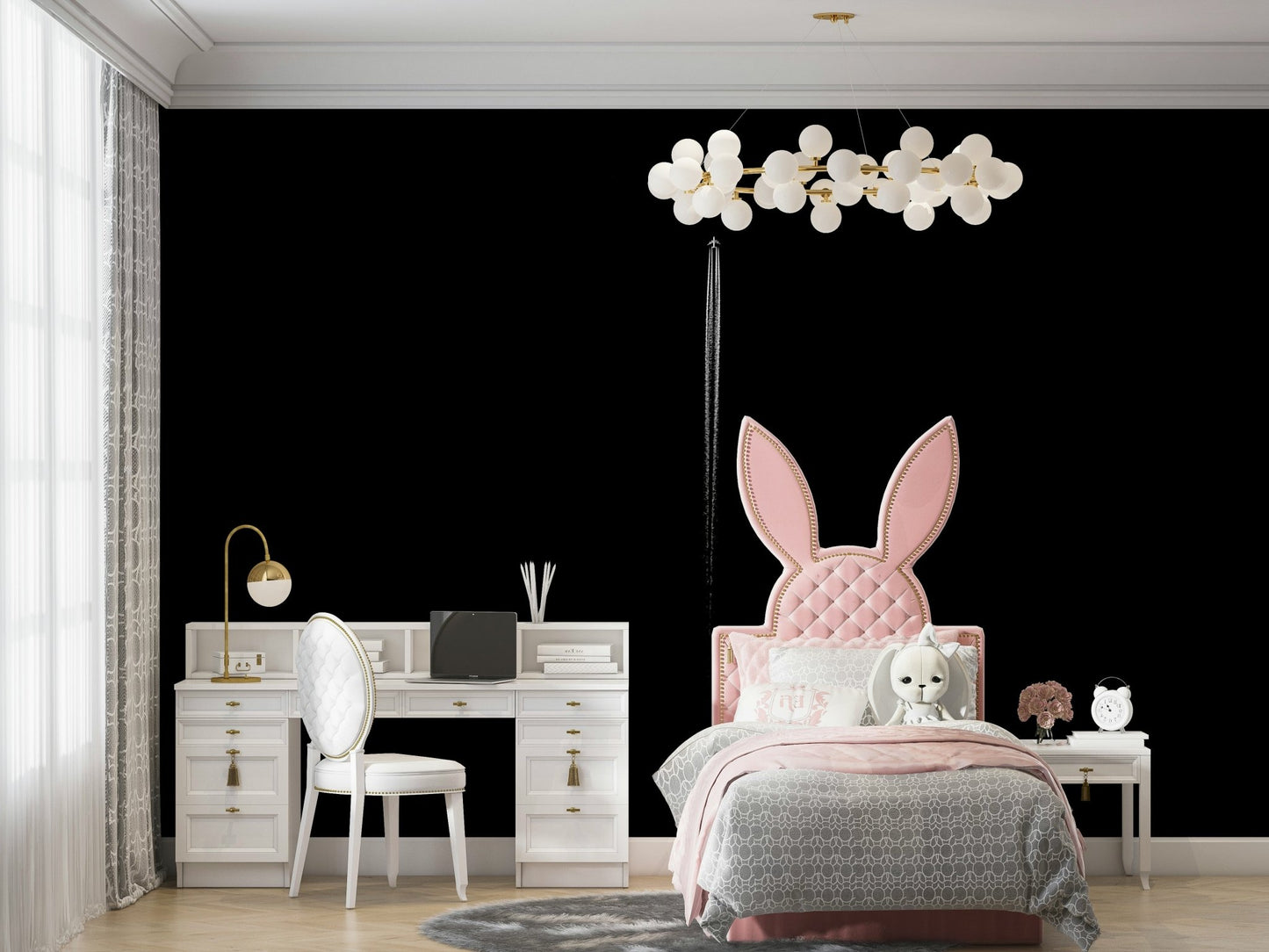 A peaceful black and white mural on decorative wallpaper.

