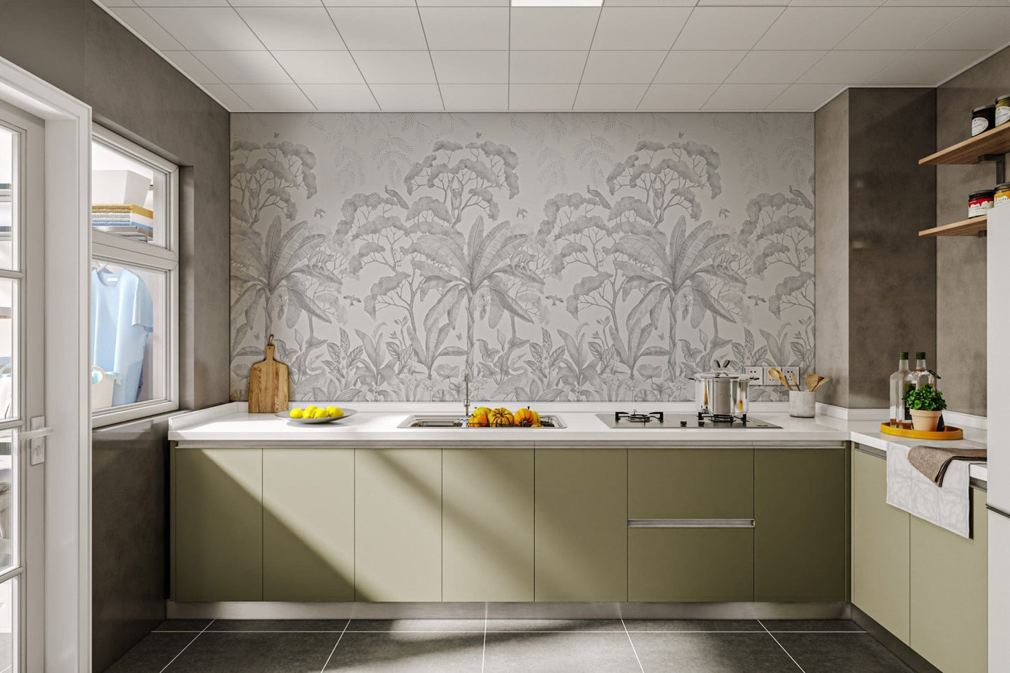 Black and white botanical wallpaper print
