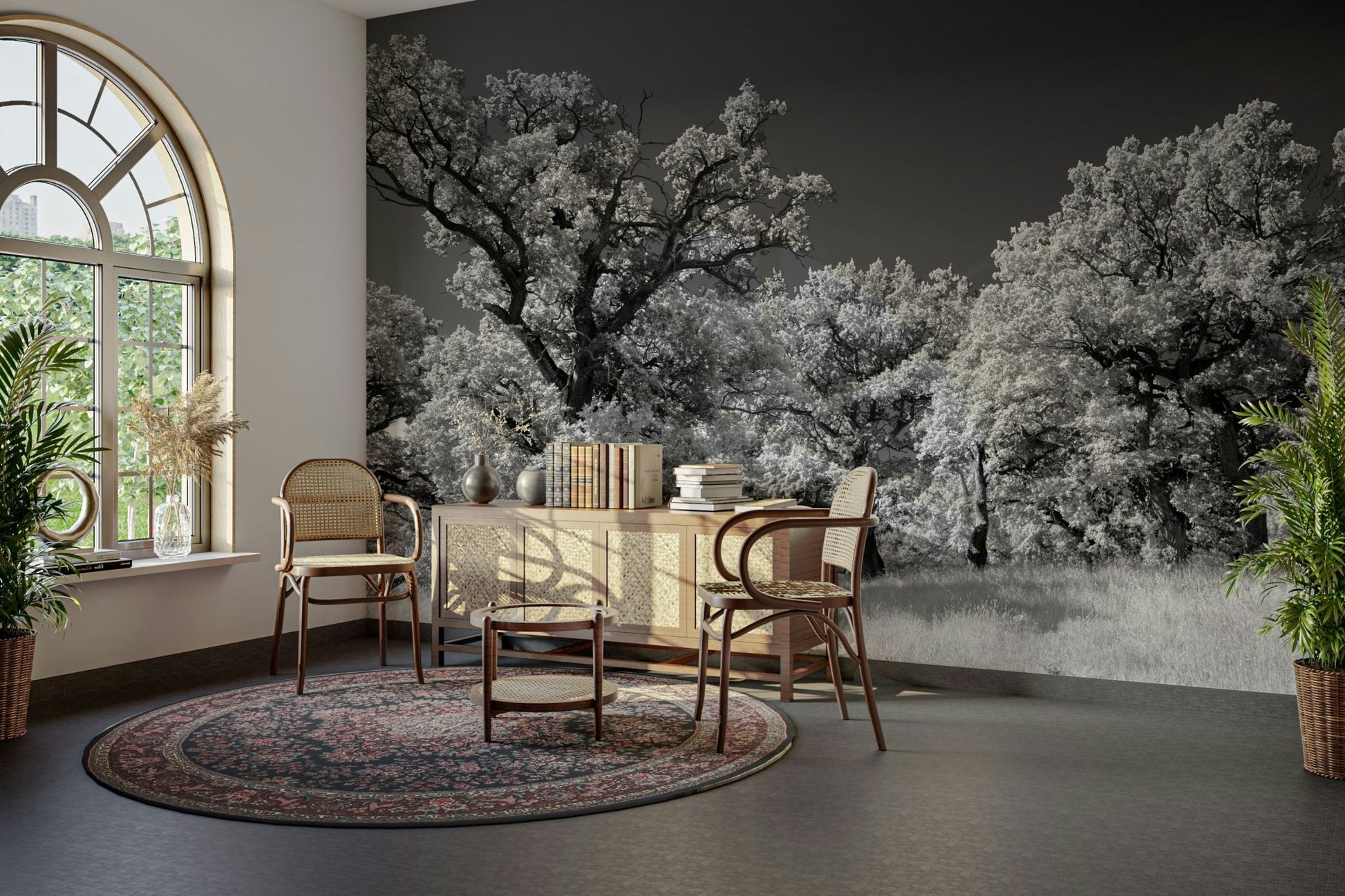 A close-up view of the detailed foliage of the trees.

