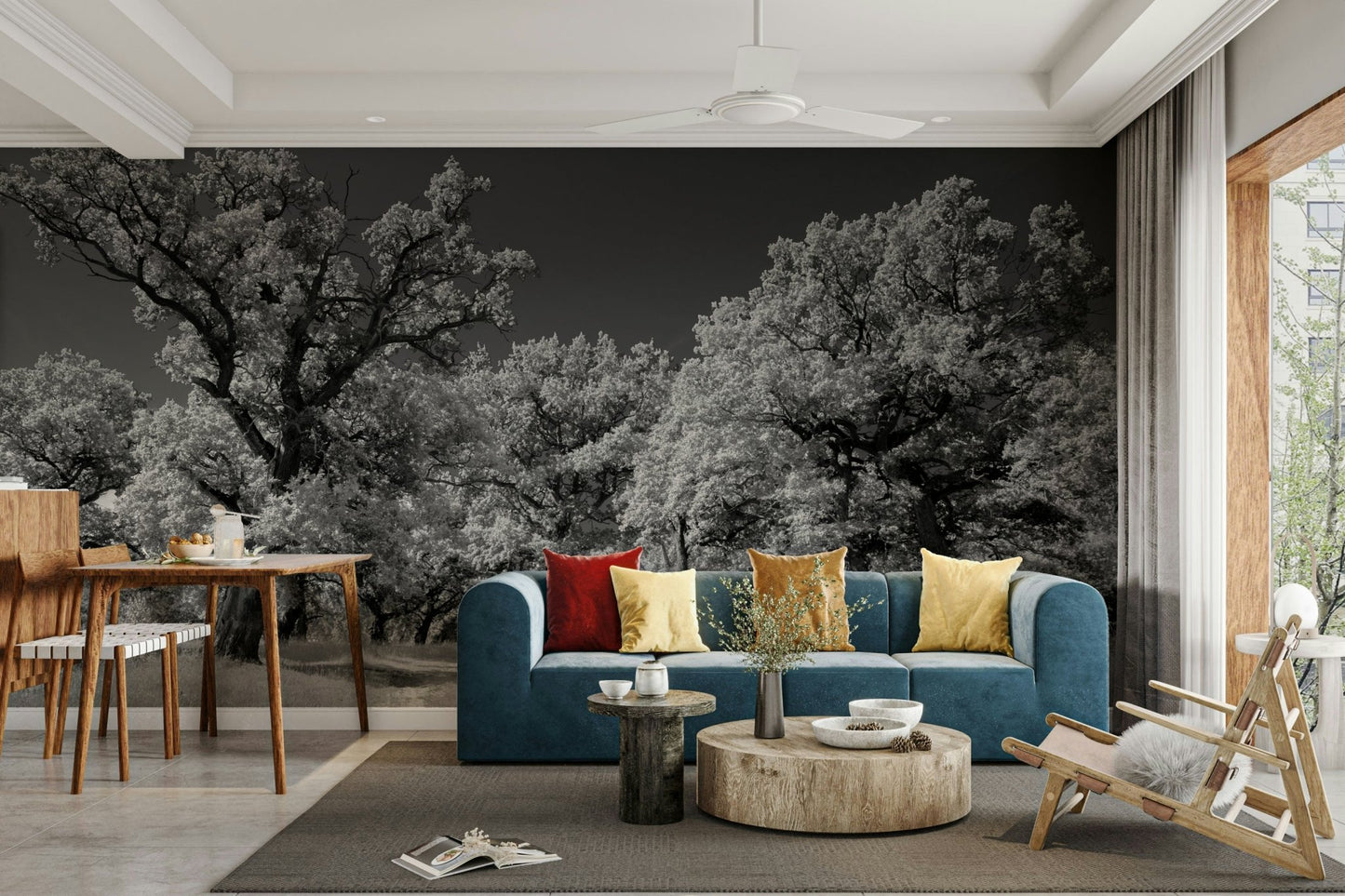 The wall mural is installed on a living room feature wall.

