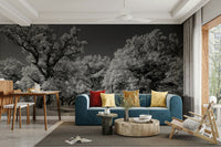 The wall mural is installed on a living room feature wall.

