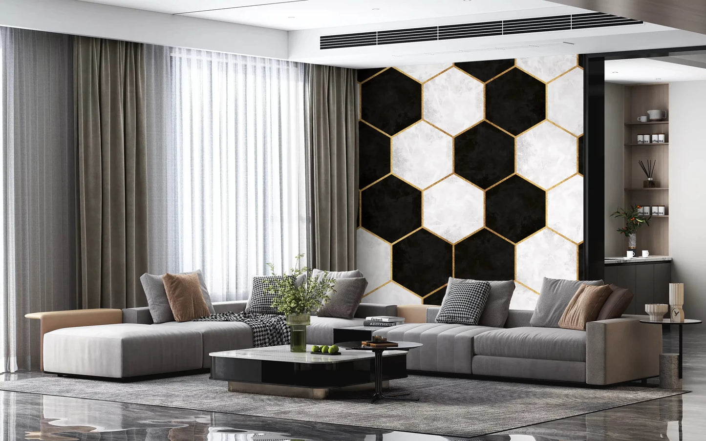 Black and White Hexagon mural adds a sophisticated look to a loungeGD9512