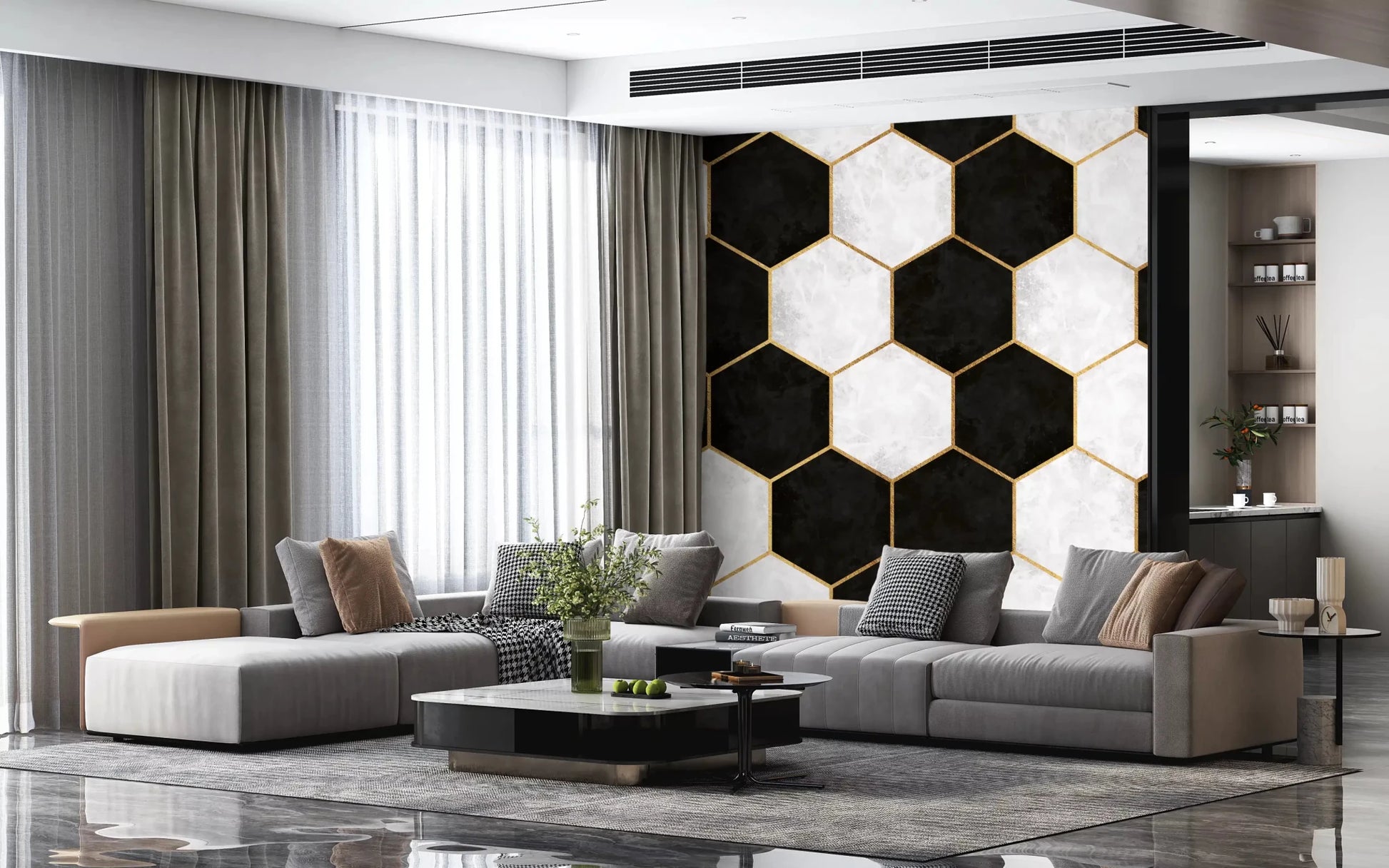 Black and White Hexagon mural adds a sophisticated look to a loungeGD9512