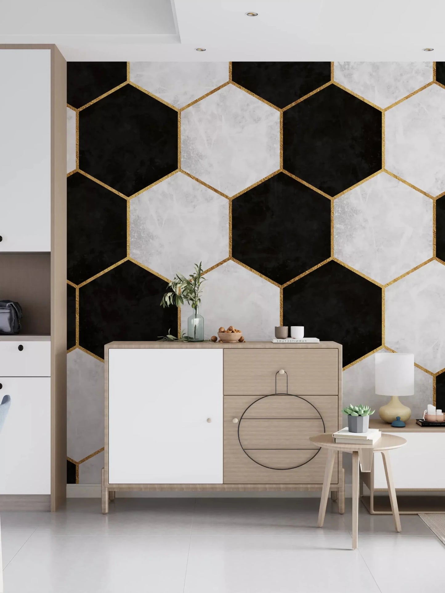 Stone graphics featured on the Luxe Hexagons wall muralGD9512