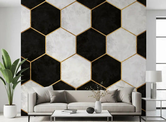 Modern living room featuring the Luxe Hexagons wall muralGD9512