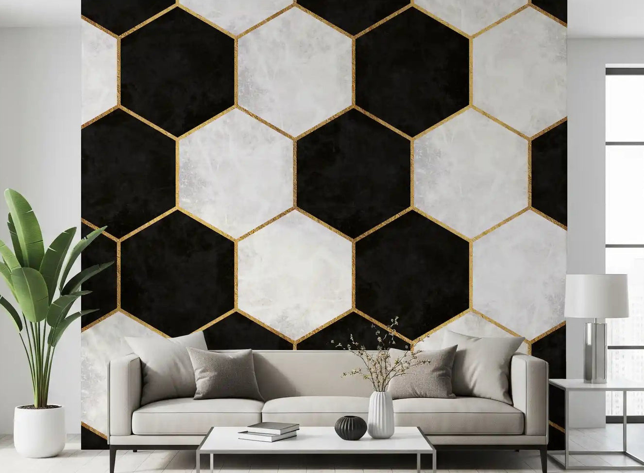 Modern living room featuring the Luxe Hexagons wall muralGD9512