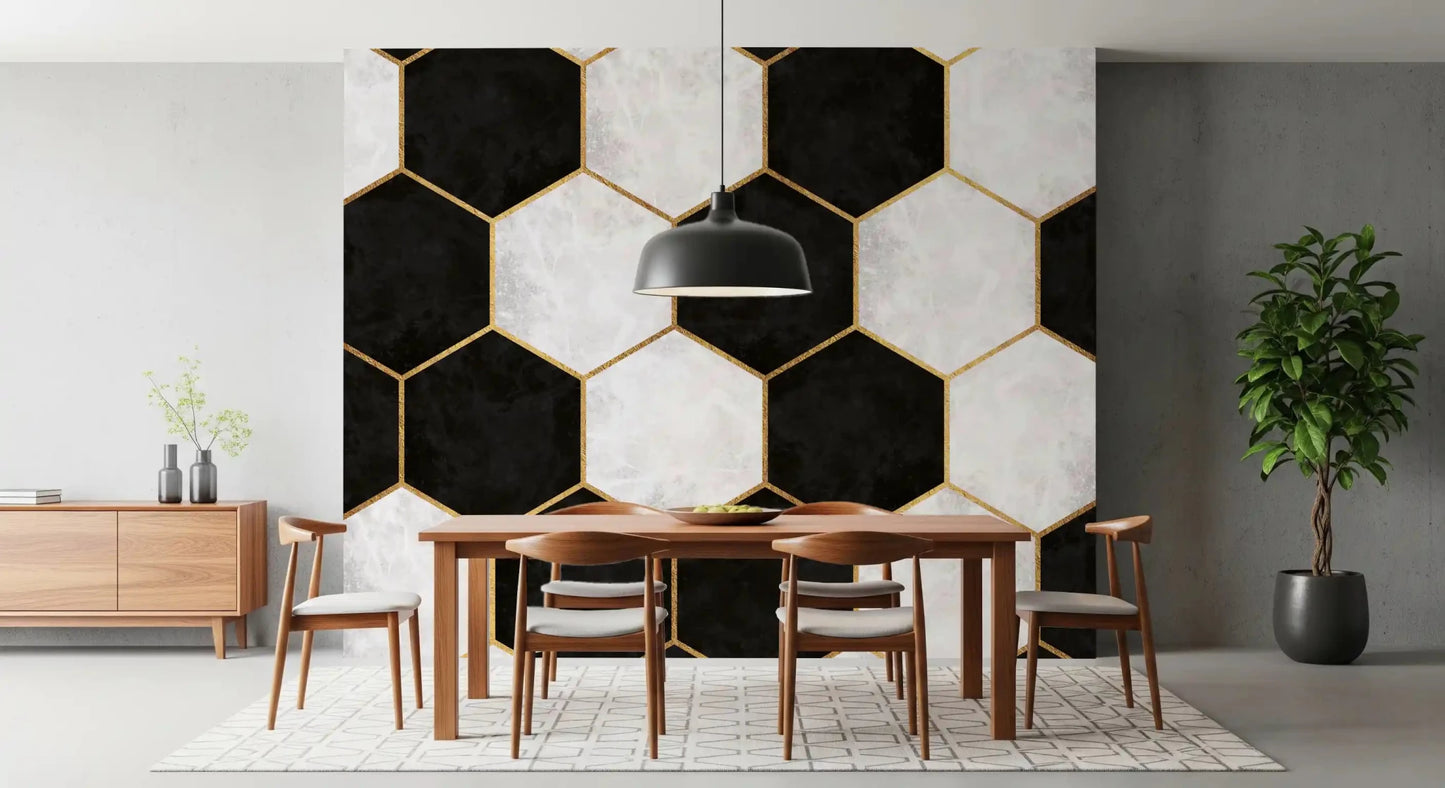 Gold outlines define the shapes in the Luxe Hexagons wall muralGD9512