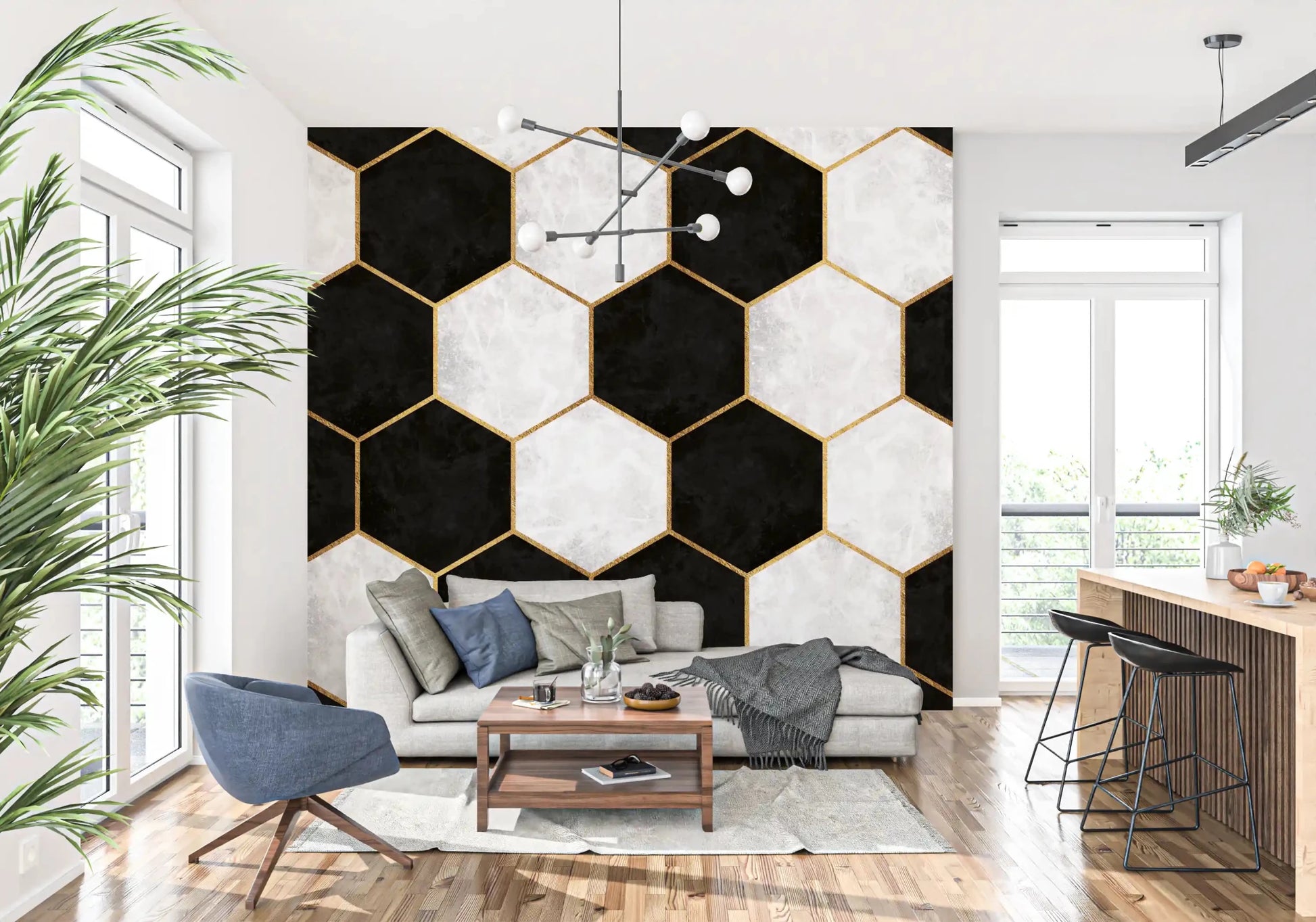 Marble textures on the Black and White Hexagon muralGD9512