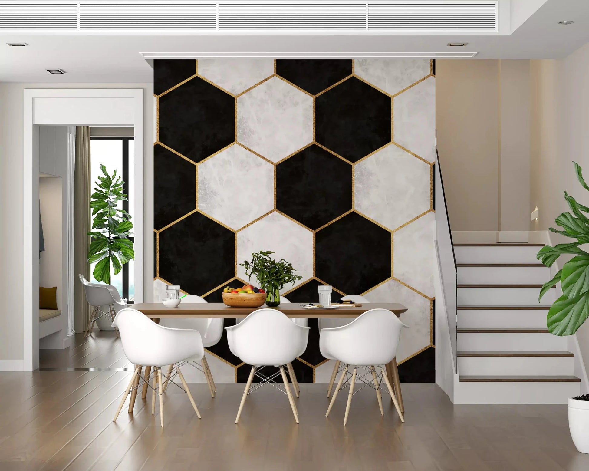 Honeycomb stone pattern repeat of the Black and White Hexagon wall muralGD9512