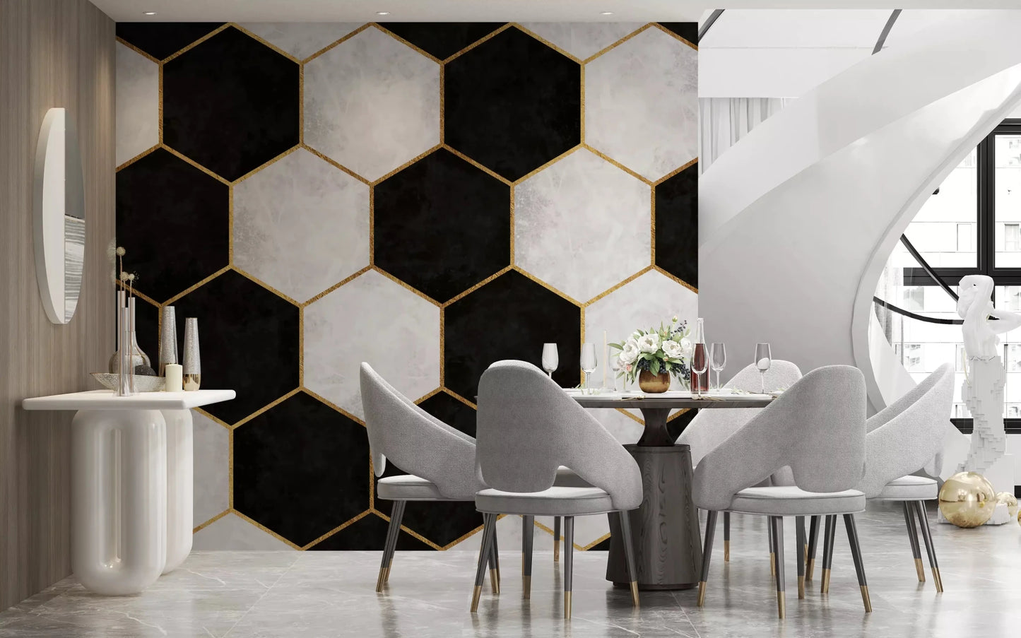 Black and White Hexagon wall mural creates a focal point in a Dining room GD9512