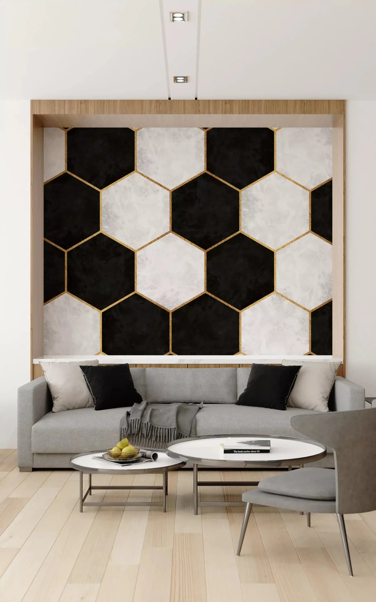 Living area showcase of the Luxe Hexagons wall muralGD9512