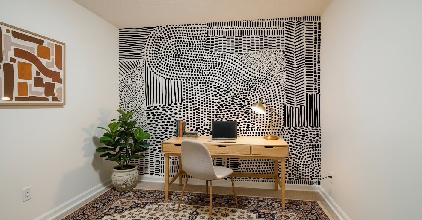 Monochromatic maze wall mural in a professional office., GD7836