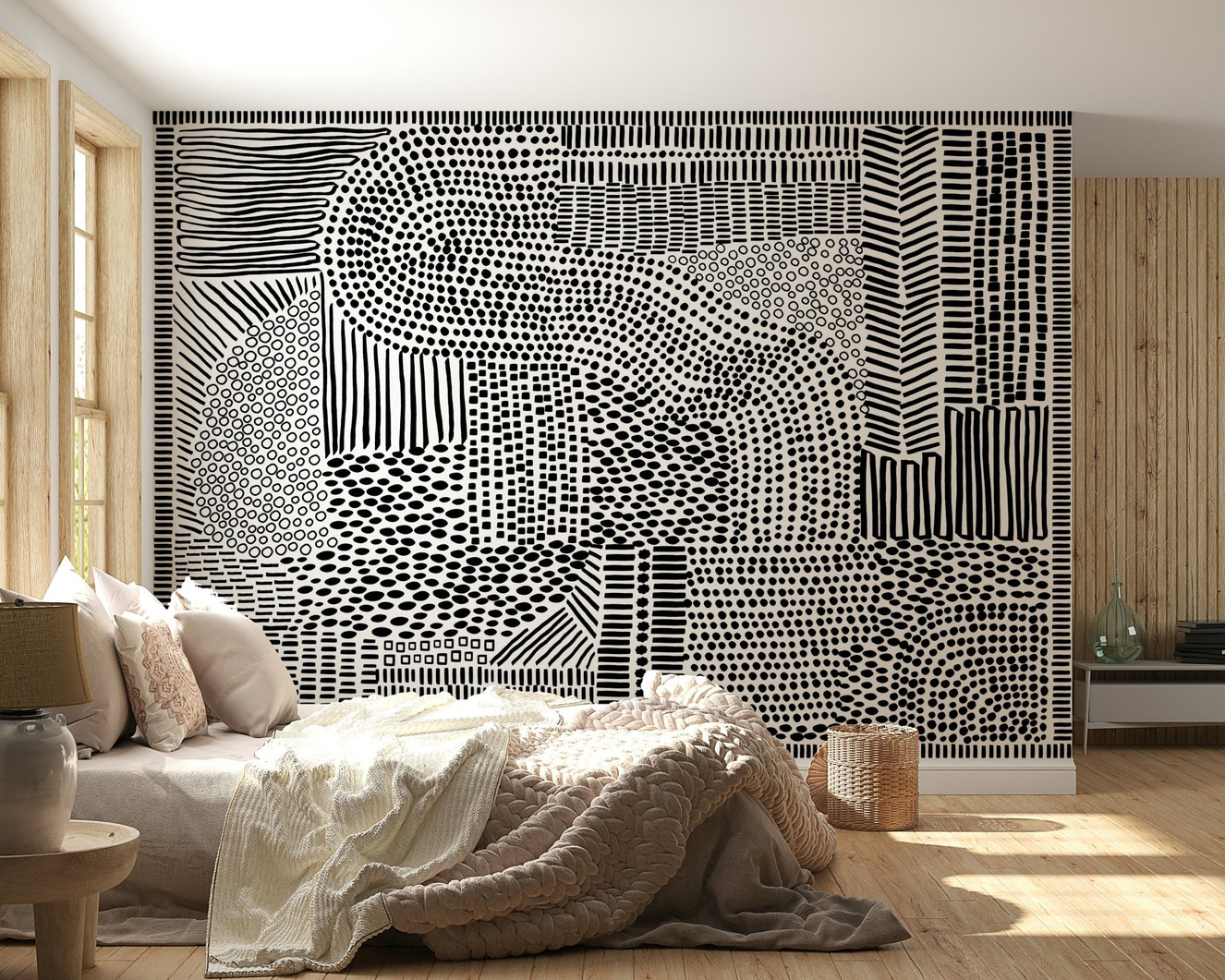 Black and white maze wall mural in a modern living room.