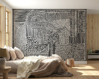 Black and white maze wall mural in a modern living room., GD7836