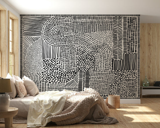 Black and white maze wall mural in a modern living room., GD7836