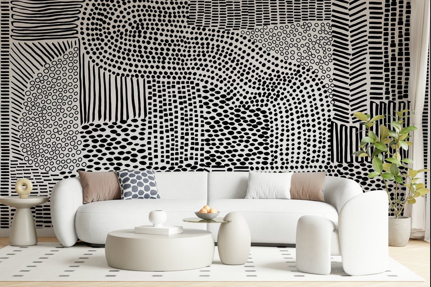 Minimalist maze wall mural behind a modern sofa., GD7836
