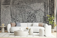Minimalist maze wall mural behind a modern sofa., GD7836