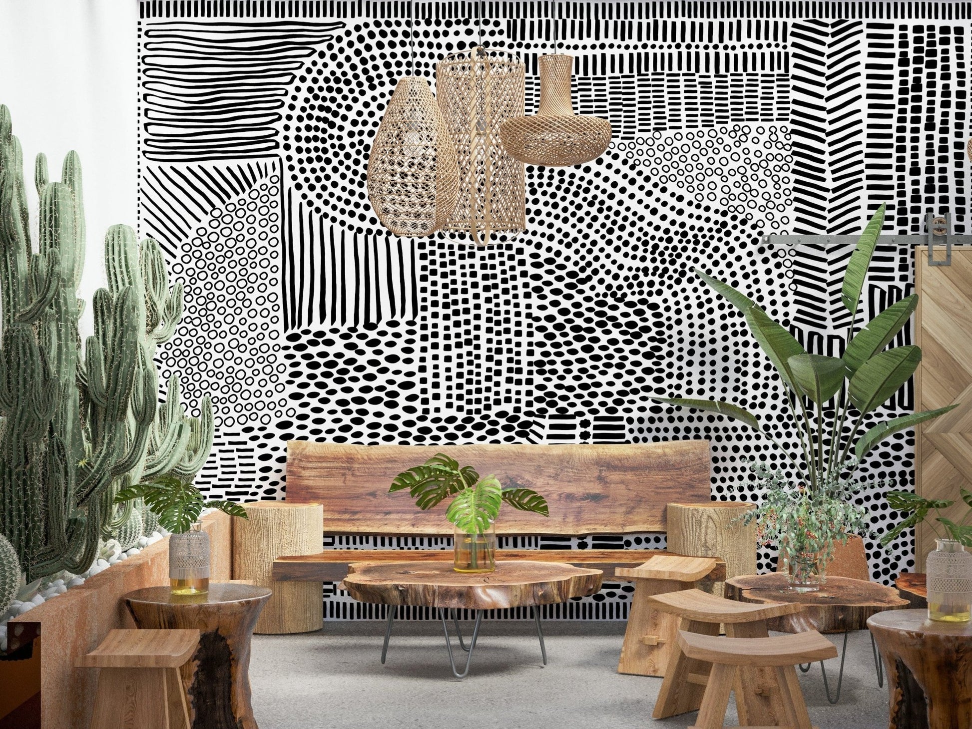 Black and white maze wall mural in a bright dining room., GD7836