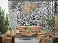 Black and white maze wall mural in a bright dining room., GD7836