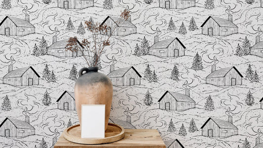 Bold black and white smokey cabin wallpaper for dramatic interiors.

