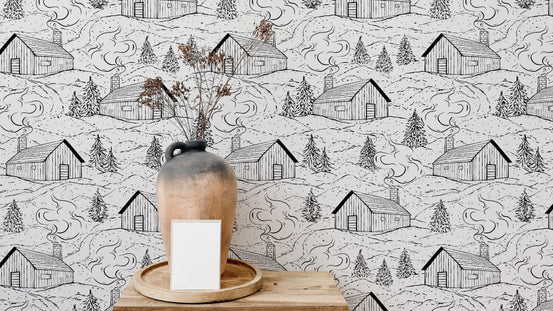 Bold black and white smokey cabin wallpaper for dramatic interiors. RNM82
