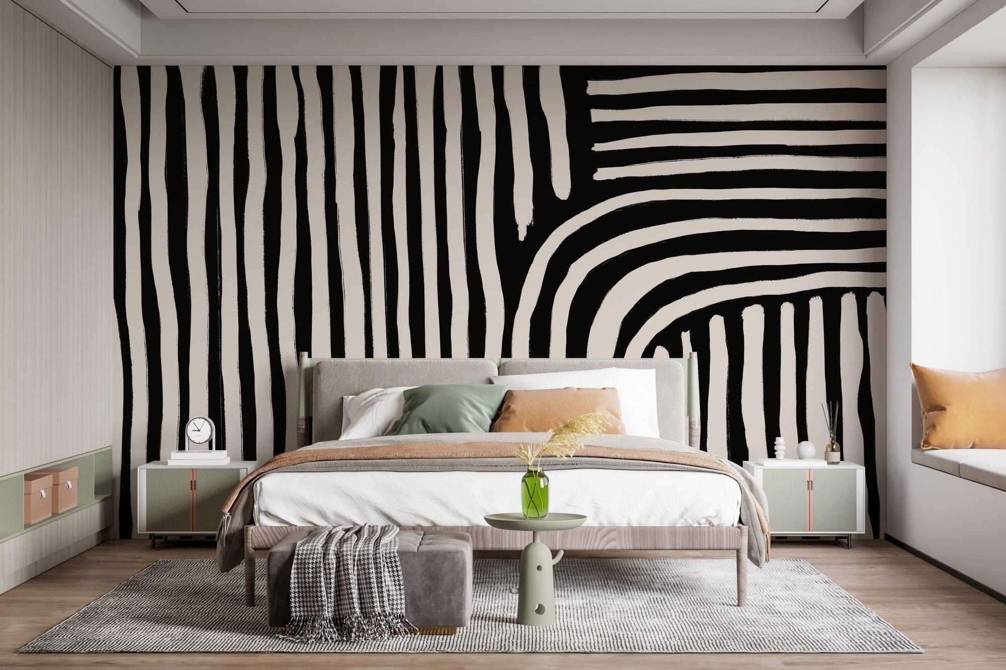 Bold black and white striped wallpaper, B416