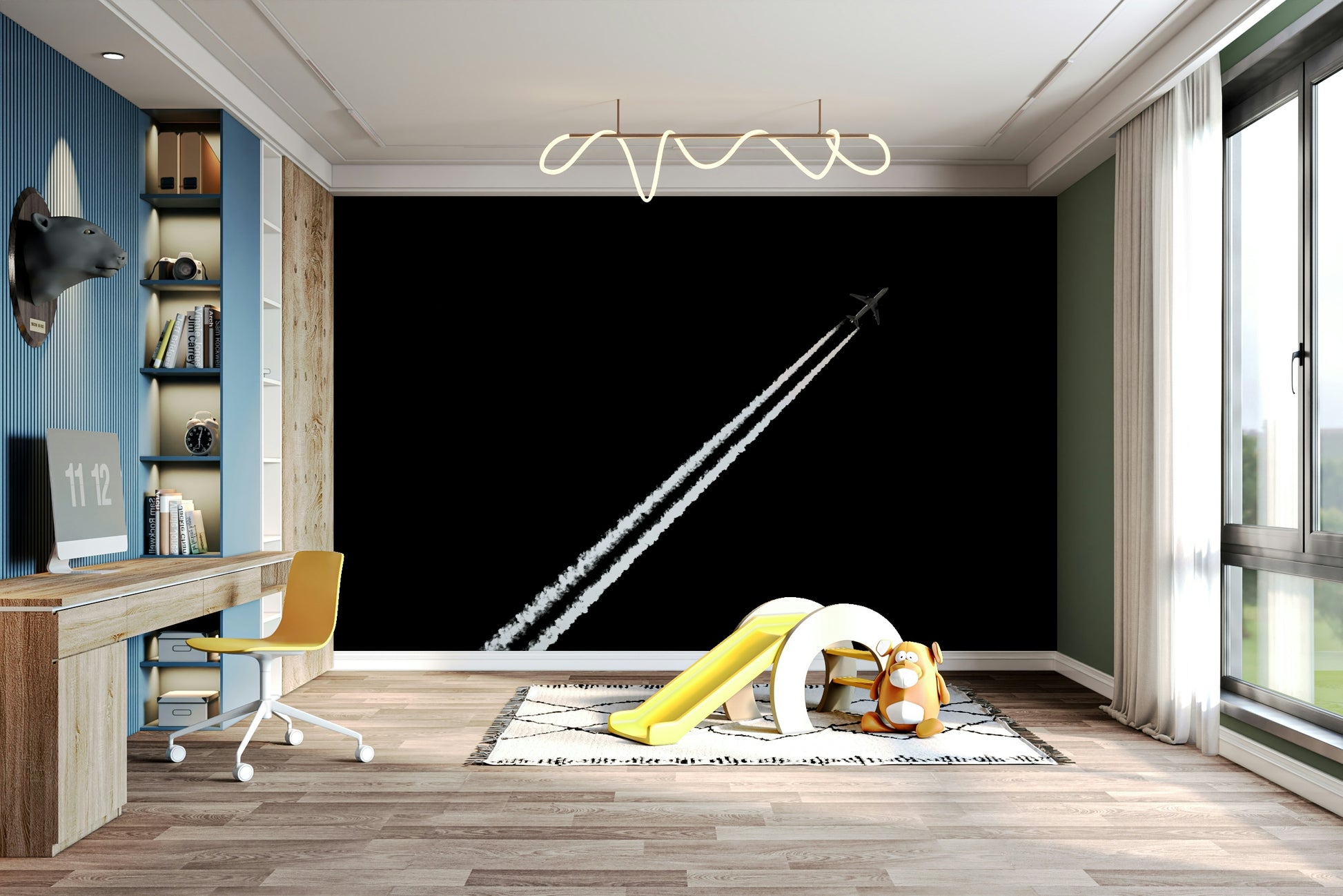 A peaceful classic design mural on decorative wallpaper.

