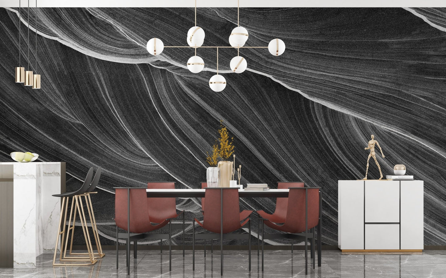 Artistic wavy marble wallpaper in monochrome
