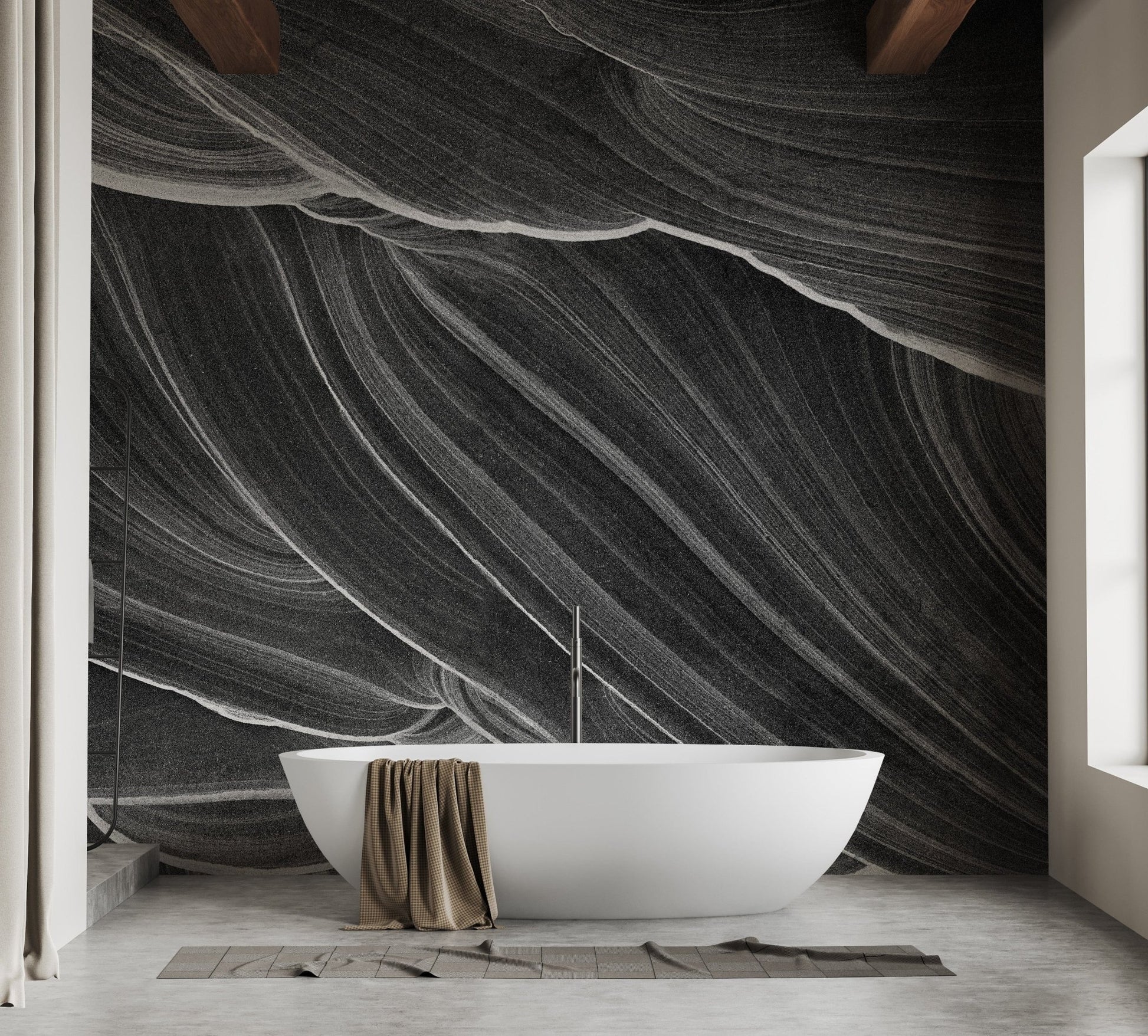 Black and white wavy marble wall design

