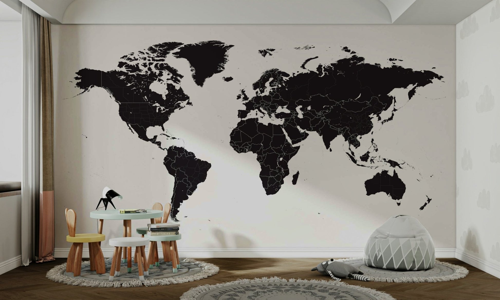 Detailed black and white globe mural

