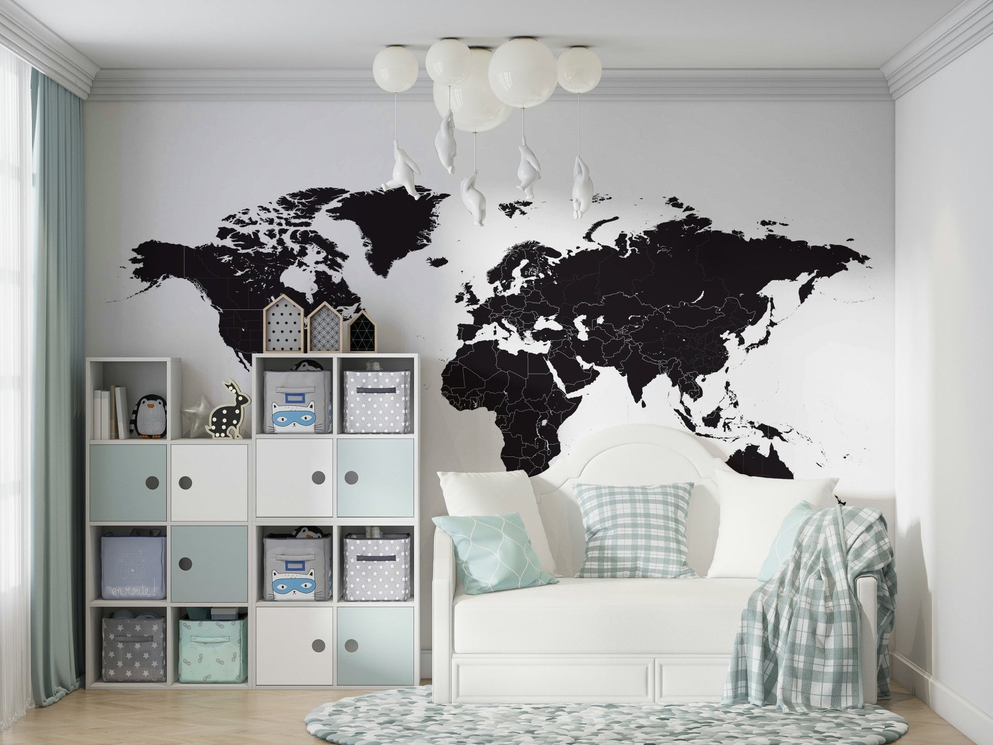 Minimalist map mural in black and white

