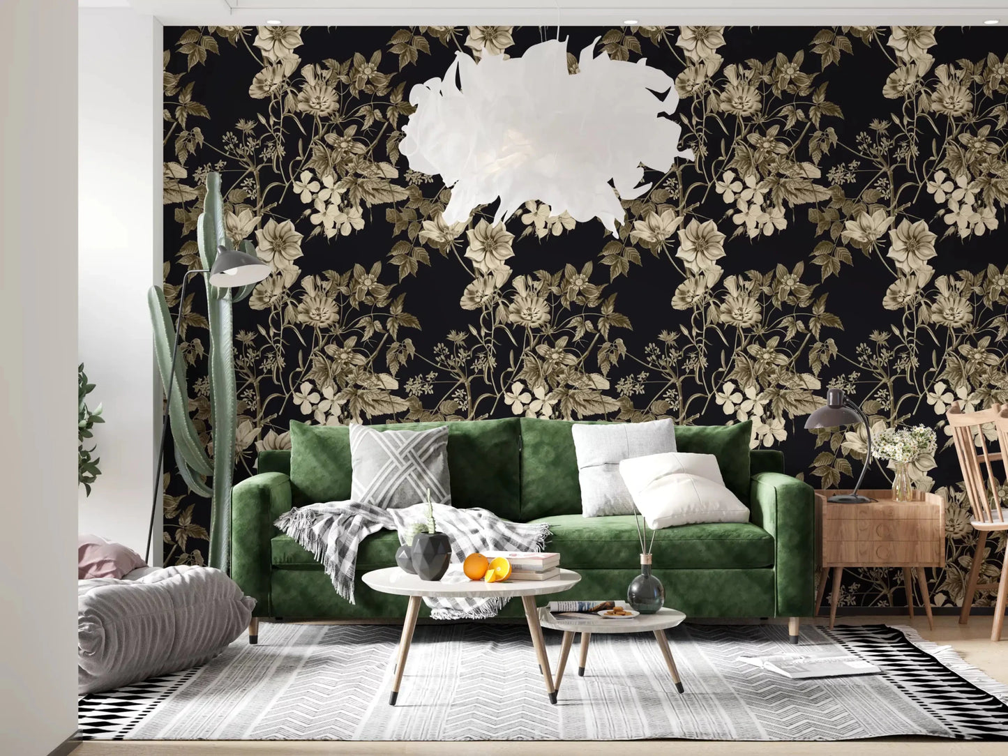 Botanical Elegance wallpaper showing vintage floral sketches and dark contrast