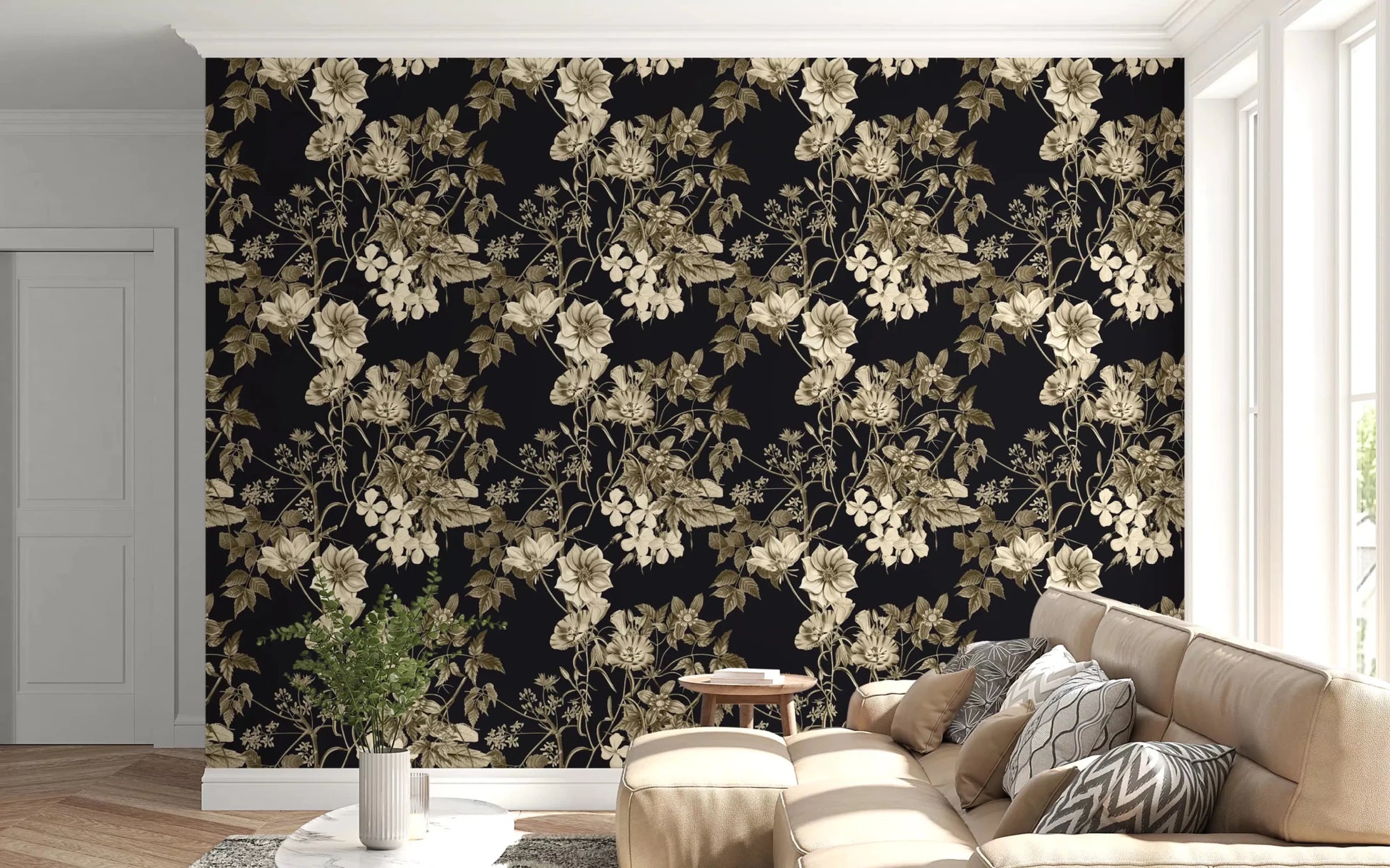 Black Botanical wallpaper with detailed blossoms and layered sepia stems